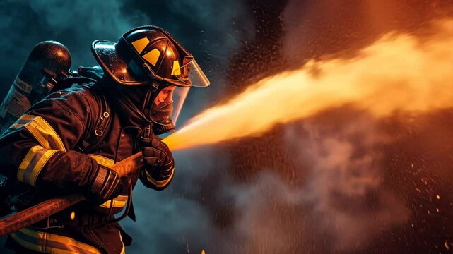 FX/VFX Slow Motion of Firefighter Blasting Water from a Firehose.