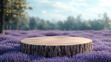 A wooden log sits in the middle of a field of purple lavender, with a blurred forest in the background.