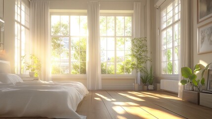 Sunlight Streaming Through Windows in a Modern Bedroom