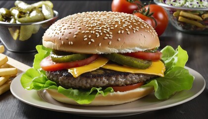 Classic American Cheeseburger with Fresh Vegetables and Crispy Fries