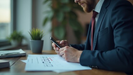 Focused professional reviews paperwork while seated at a modern workspace