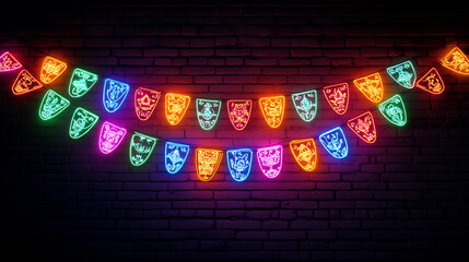 Realistic isolated neon sign of Mexican party bunting for decoration and cover on the dark wall background