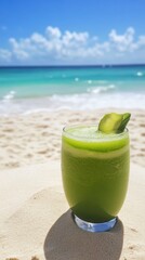 Obraz premium A vibrant green beverage sits on warm sand, capturing the essence of relaxation. The ocean glistens under a clear sky, creating a serene atmosphere perfect for enjoyment
