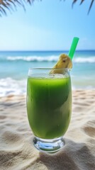 Obraz premium A delicious green beverage sits on soft sand, complemented by a slice of pineapple. The tranquil ocean waves create a serene backdrop, ideal for relaxation