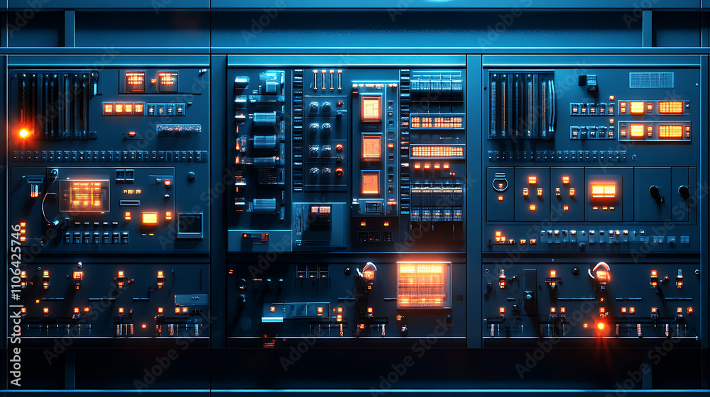 Poster electrotechnical switchgear for switching, control and distribution, main color dark blue
