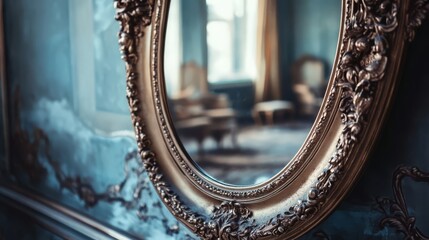 Ornate oval mirror reflecting a room.