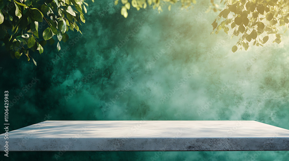 Fototapete Empty marble table at foreground and cement stone at background with green light from above for product displayed in rustic mood, green backdrop, abstract background for product stand for advertising