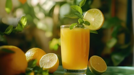 Fototapeta premium Bright lemon juice in a glass, garnished with fresh lemon slices and leaves. Juicy lemons surround the glass on a table filled with greenery, capturing a vibrant atmosphere
