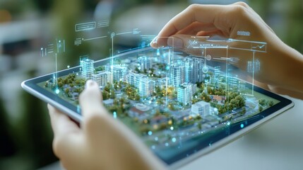 Hands interact with a tablet displaying a detailed 3D model of an urban area, highlighting various buildings and infrastructure. This technology enhances real estate planning and presentation.