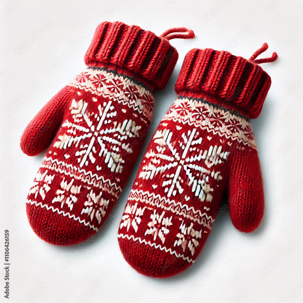 Wall mural Red mittens with white snowflake pattern, perfect for winter warmth