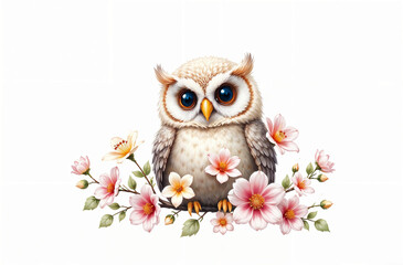 Cute owl perched among colorful flowers showcasing nature's beauty in a whimsical art style