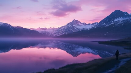 Majestic mountains stand tall as the sun rises, painting the sky and lake in brilliant hues of pink and purple. A lone figure walks along the shore, savoring the peaceful moment