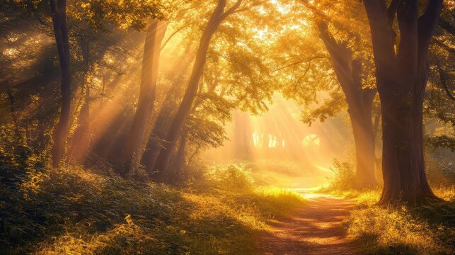 A mystical forest reveals its beauty as golden sunlight filters through the tall trees, creating a serene atmosphere. The tranquil path invites exploration in the soft glow