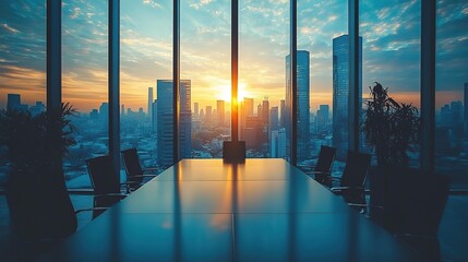 Sunset view from a modern office conference room overlooking a cityscape.