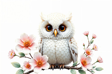 Naklejka premium White owl perched on a branch surrounded by pink flowers in a vibrant illustration