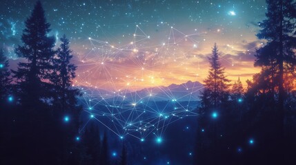 Obraz premium A mystical landscape features glowing elements surrounded by tall trees, set against the backdrop of a star-filled sky during twilight. This serene location evokes a sense of wonder