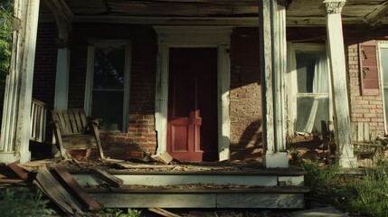 Obraz premium The porch of a neglected house is deteriorating, featuring cracked wood and peeling paint. Overgrown plants surround the area, highlighting years of abandonment