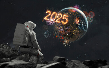 3D illustration of astronaut sits sits at Moon, looks at the Christmas fireworks above the Earth. New Year 2025. High quality digital space sci-fi art in 5K - realistic visualization