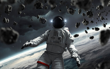 3D illustration of astronaut in detailed suit floating in space. High quality digital space sci-fi art in 5K - realistic visualization