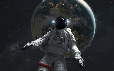 Fototapeta premium 3D illustration of astronaut in detailed suit floating in space. High quality digital space sci-fi art in 5K - realistic visualization