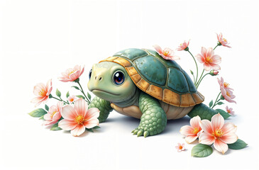 Colorful turtle surrounded by blooming flowers in a whimsical garden setting during springtime