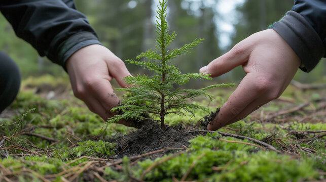 Ein Baumsetzling wird im Wald gepflanzt

