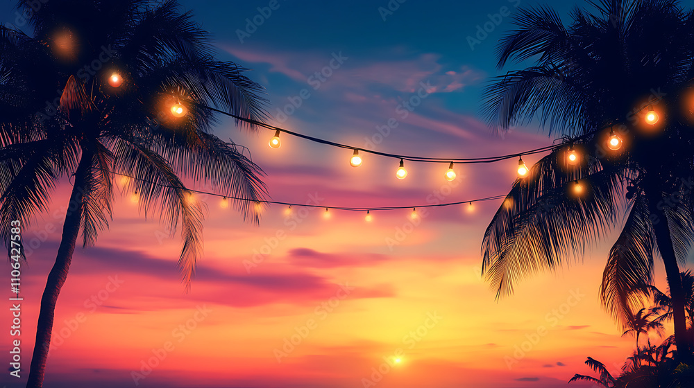 Poster tropical summer party background with hanging string lights and palm trees sunset sky background for