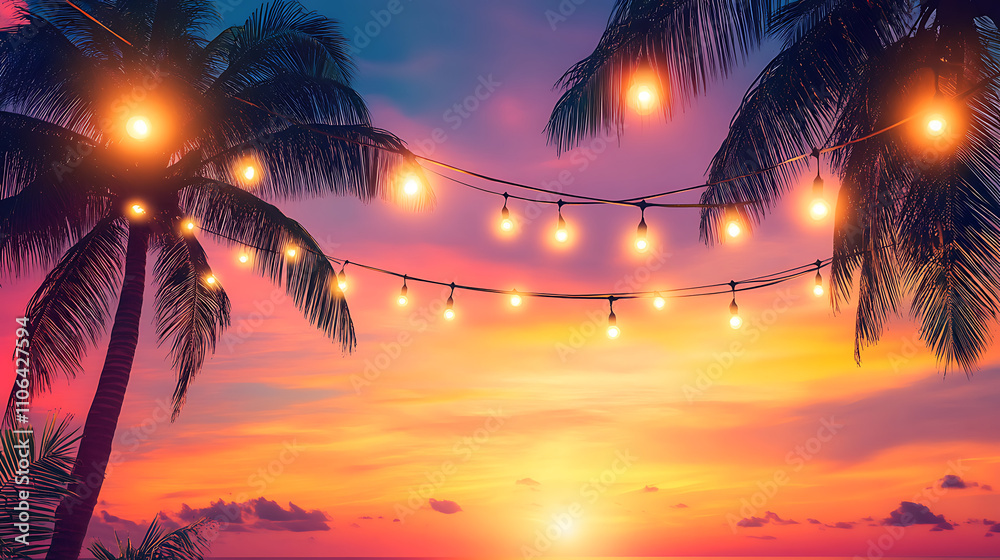 Poster tropical summer party background with hanging string lights and palm trees sunset sky background for