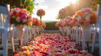 A stunning outdoor wedding setup beautifully adorned with vibrant flowers and colorful petals during sunset