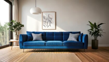 Obraz premium Modern Living Room Design Featuring Blue Sofa 3D Render