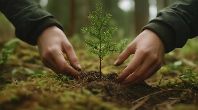 Ein Baumsetzling wird im Wald gepflanzt

