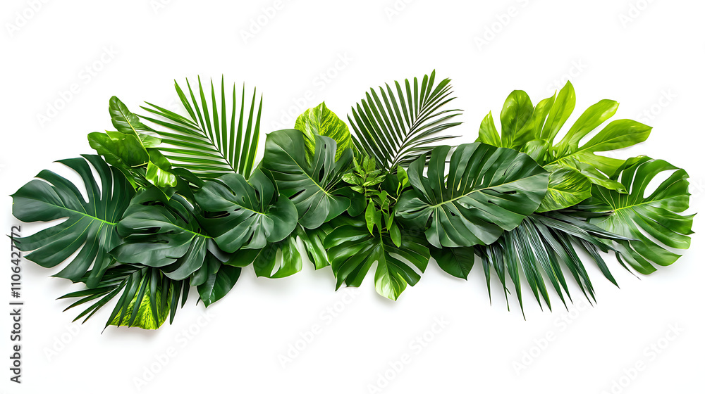 Poster tropical palm frond frame lush greenery border isolated on a white background for design projects