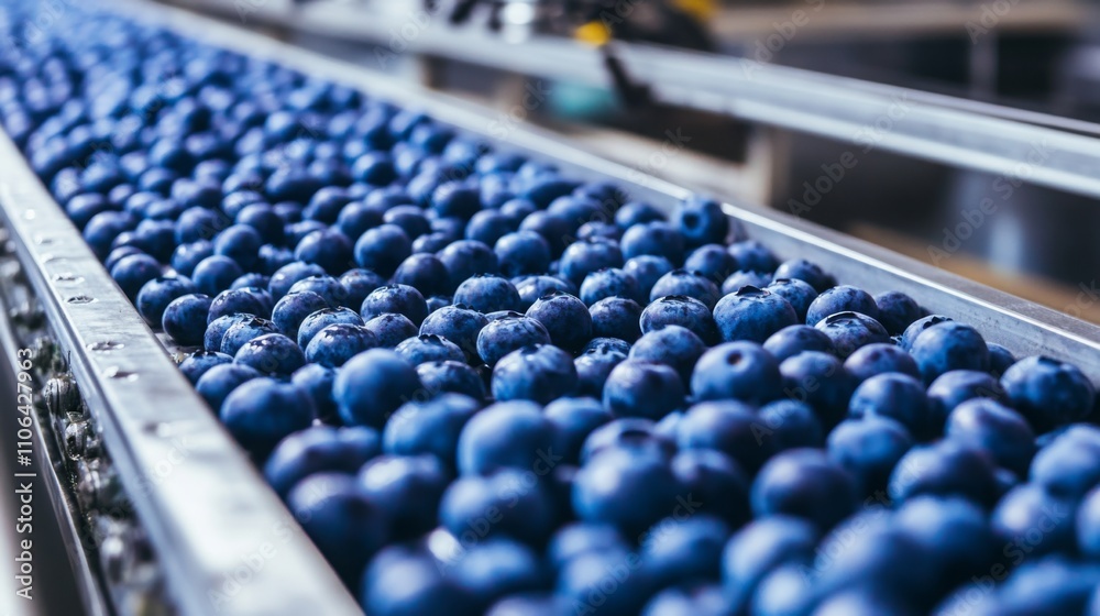 Poster a conveyor belt displays a vibrant array of fresh blueberries being processed for juice. the facilit