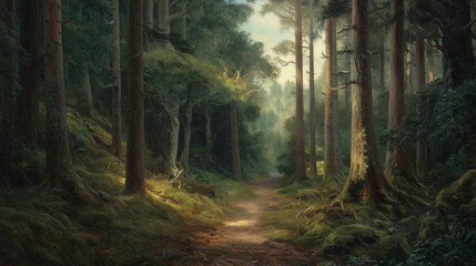 Fototapeta premium Lichtdurchfluteter Waldweg zwischen hohen, grünen Bäumen