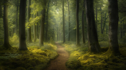 Lichtdurchfluteter Waldweg zwischen hohen, grünen Bäumen

