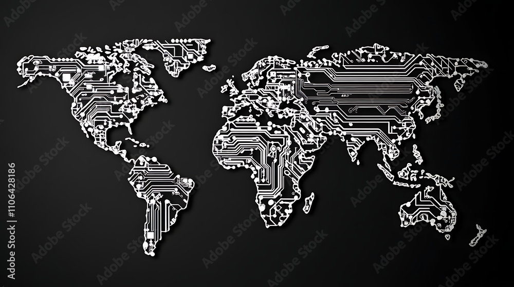 Poster A white world map with circuit elements on black background
