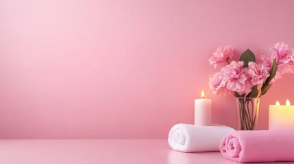 Soft pink spa scene with candles, towels, and flowers creates a serene atmosphere, AI