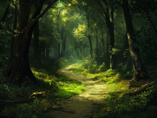 Obraz premium Lichtdurchfluteter Waldweg zwischen hohen, grünen Bäumen
