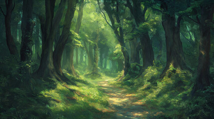 Obraz premium Lichtdurchfluteter Waldweg zwischen hohen, grünen Bäumen
