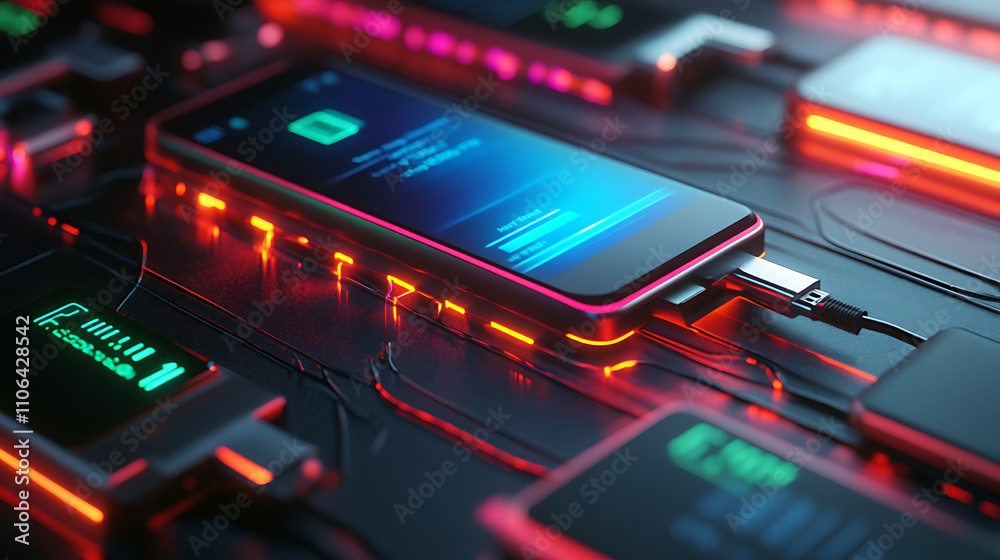 Fototapete smartphones with battery level indicators and a usb connection are shown, illustrating the modern ne