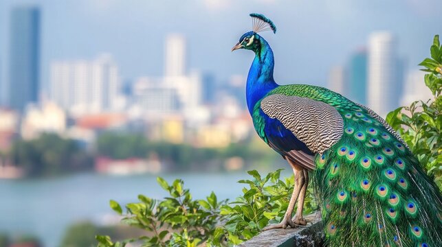 Peacock Perched on a Wall with a City Skyline in the Background