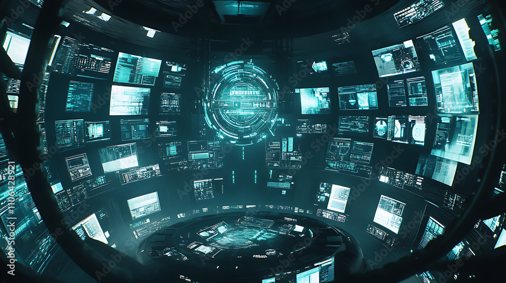 Aufkleber Circular tech concept background with computer screens in the background