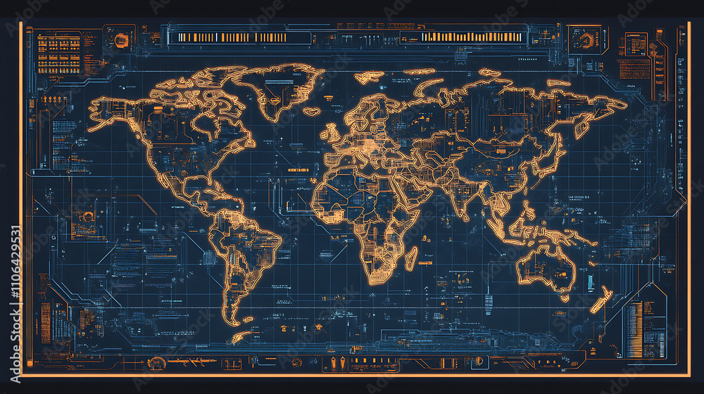 Poster electronic world map in a technological style