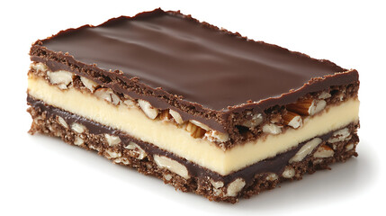 Nanaimo bars are a Canadian dessert with wafer crumbs, a layer of almonds, walnuts and cocoa, vanilla custard filling and chocolate topping