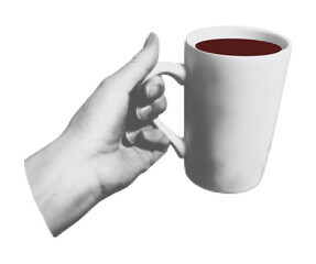 Trendy halftone collage element. Grunge punk cut out sticker of female hand holding coffee mug or cup of black tea. Modern retro vector illustration isolated on transparent background