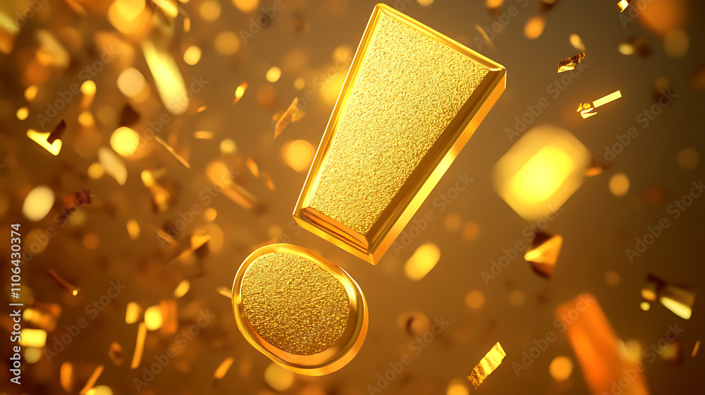 Poster Golden exclamation mark icon for important notices or caution, presented as a graphic element on a gold background, with a concept for warning, problem, error, or update messages, 3D rendering