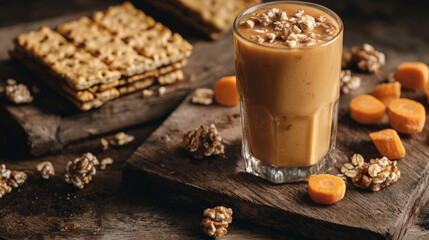 Fototapeta premium glass of creamy carrot and orange smoothie topped with walnuts sits on rustic wooden board, surrounded by sliced carrots, walnuts, and whole grain crackers, creating healthy snack scene
