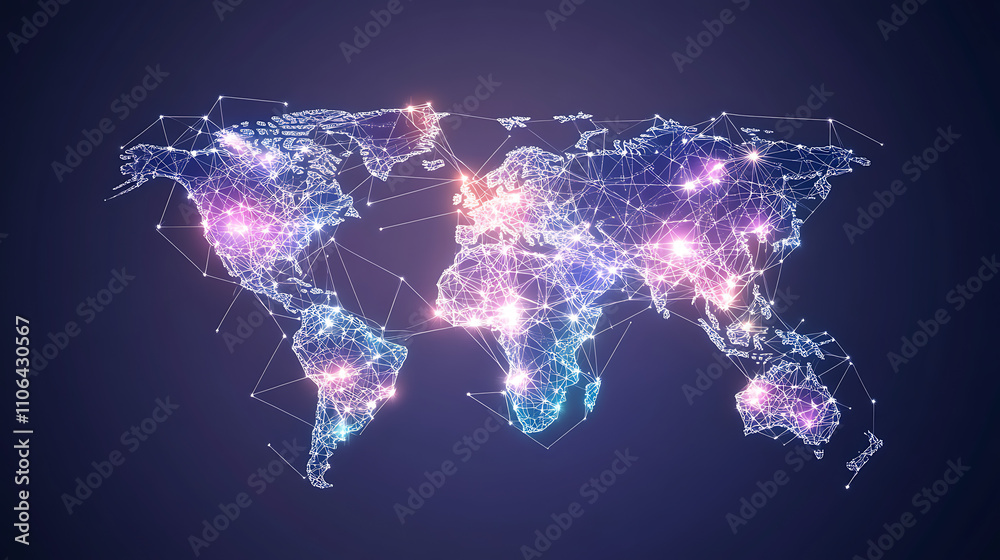 Poster Global digital network connections Futuristic world map visualization Concept of global communication