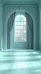 Fototapeta premium Empty room with a large arched window and light blue walls and floor.