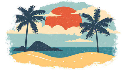 Obraz premium Flat illustration of a desert landscape with palm trees, sun and clouds retro style